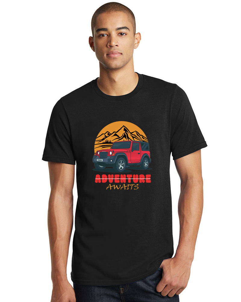 Men's Graphic Printed Premium Cotton Biowash Half Sleeves T-Shirt - Thar Adventure Awaits