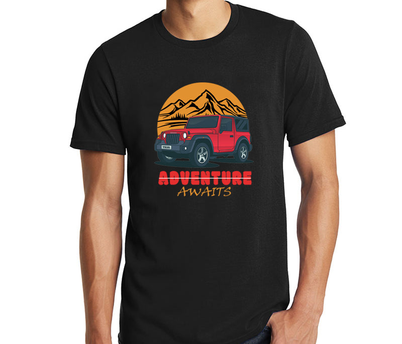 Men's Graphic Printed Premium Cotton Biowash Half Sleeves T-Shirt - Thar Adventure Awaits