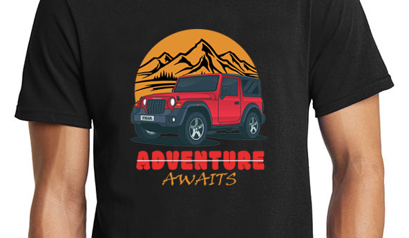 Men's Graphic Printed Premium Cotton Biowash Half Sleeves T-Shirt - Thar Adventure Awaits