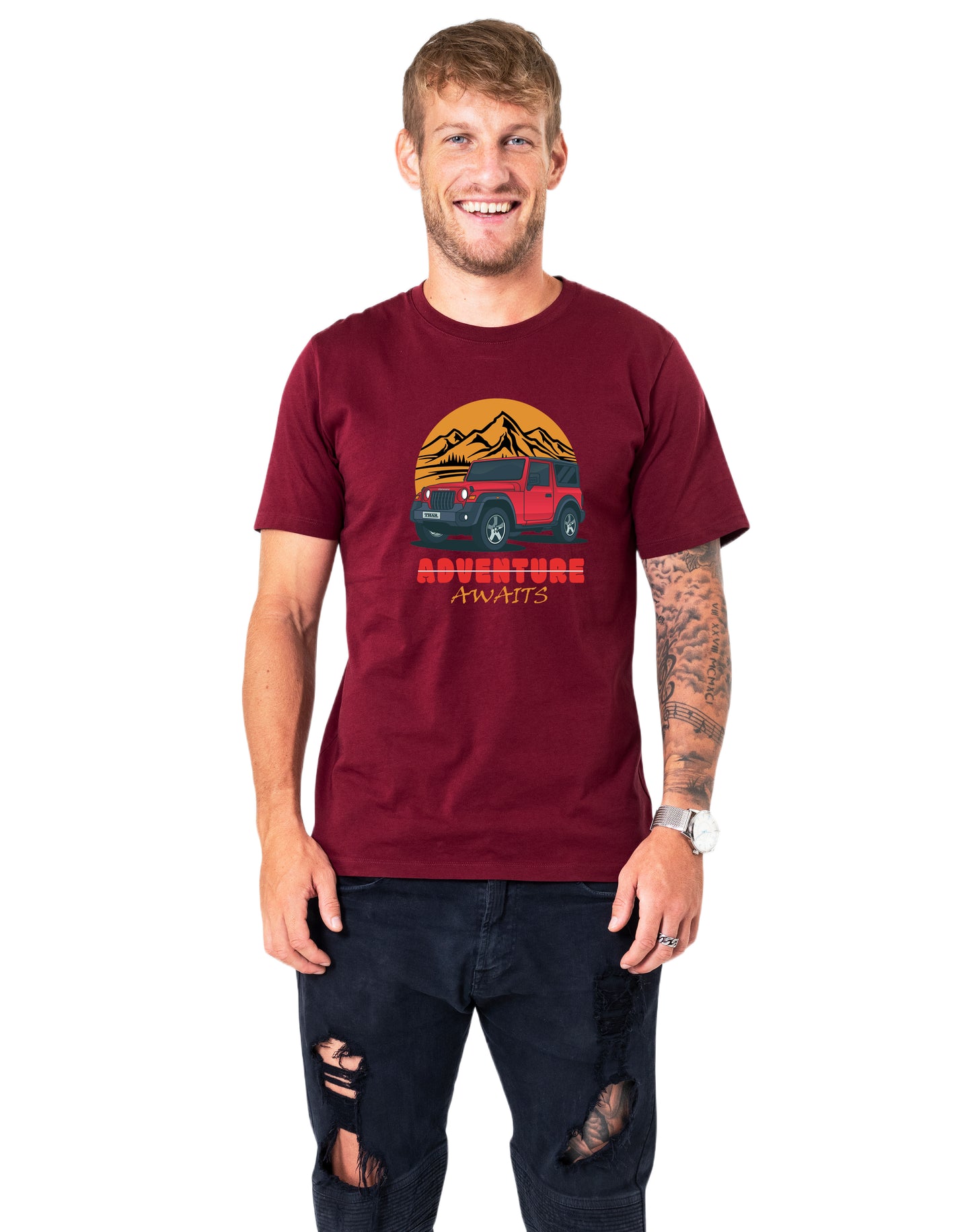 Men's Graphic Printed Premium Cotton Biowash Half Sleeves T-Shirt - Thar Adventure Awaits