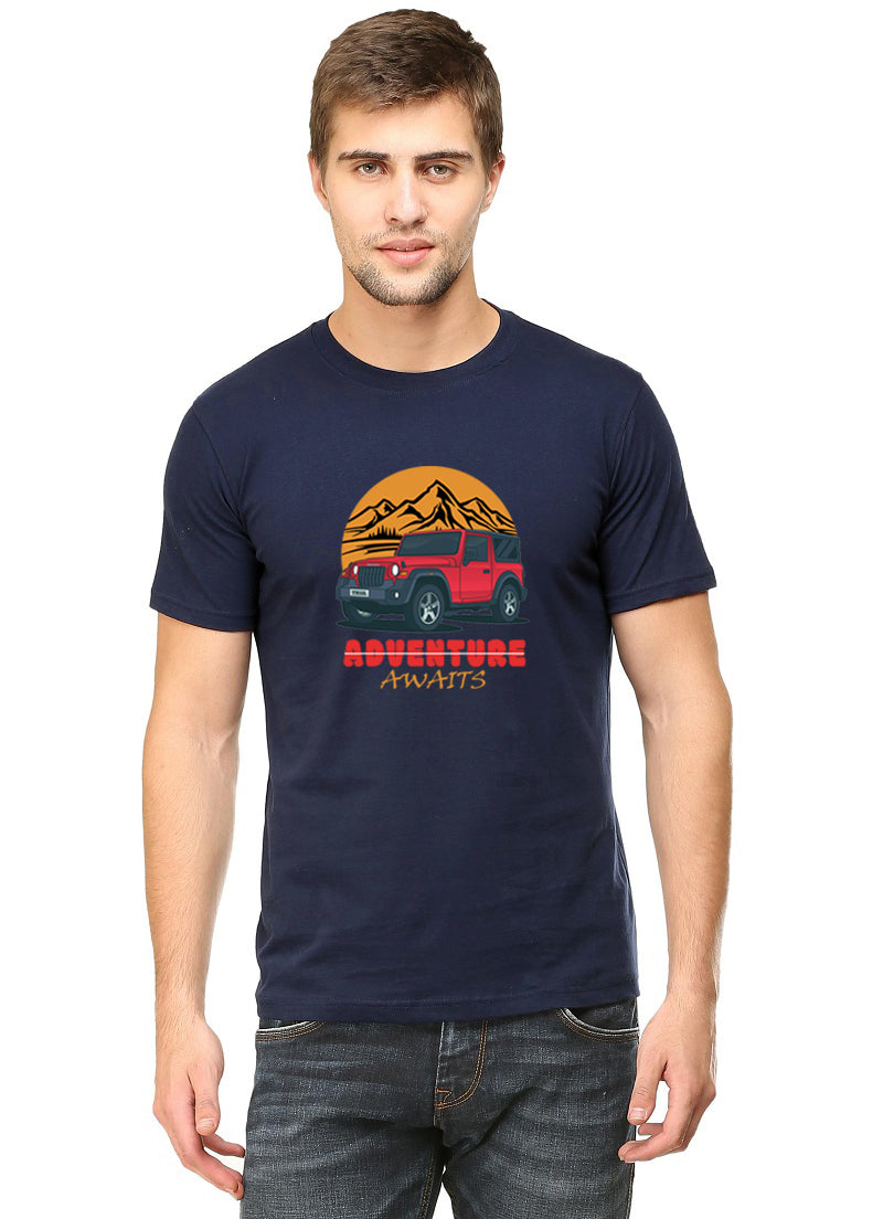 Men's Graphic Printed Premium Cotton Biowash Half Sleeves T-Shirt - Thar Adventure Awaits