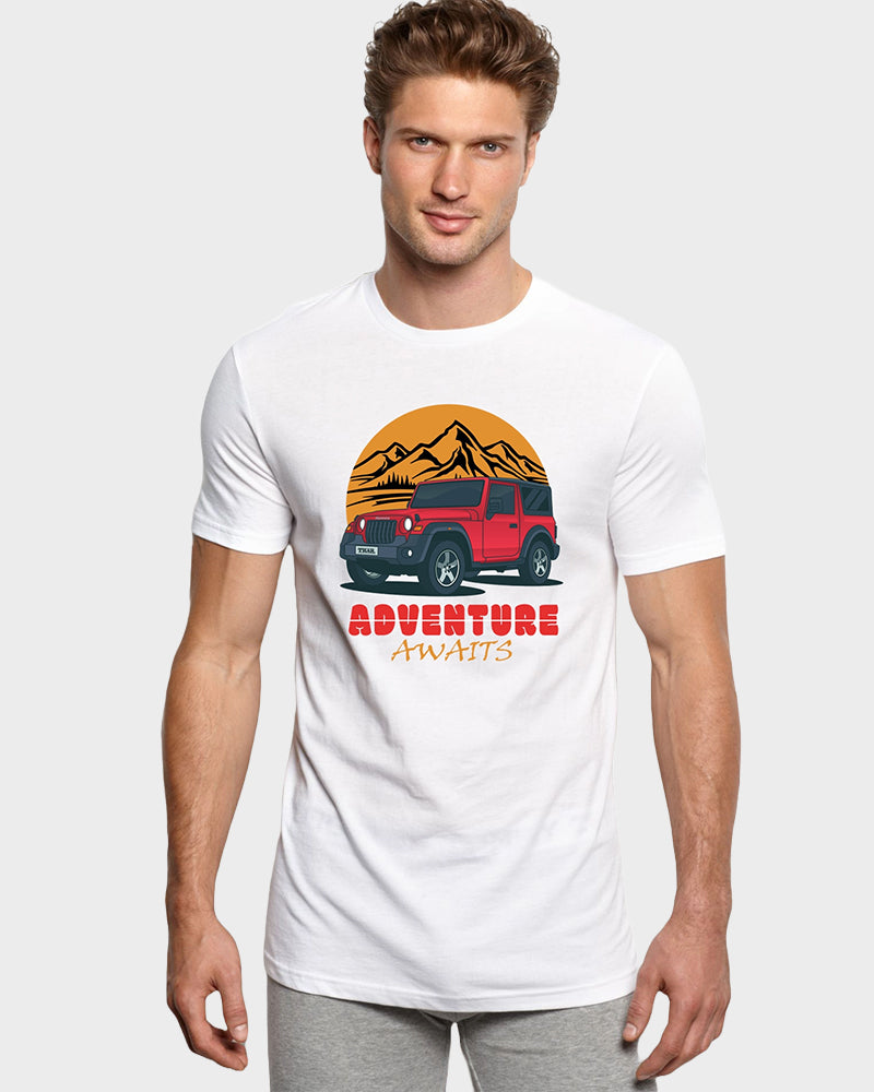 Men's Graphic Printed Premium Cotton Biowash Half Sleeves T-Shirt - Thar Adventure Awaits