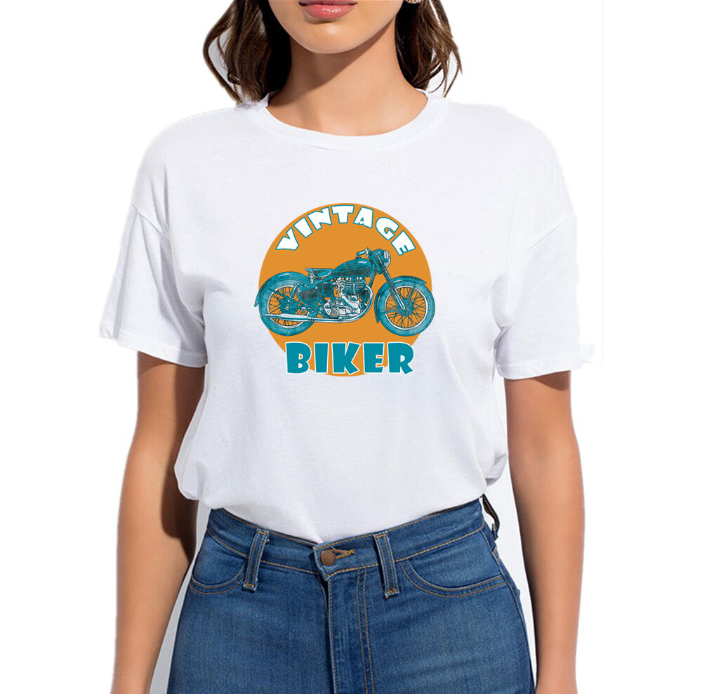 Women's Graphic Printed Cotton Biowash T-Shirt - Unisex, Regular Fit, Round Neck, Half Sleeves - Vintage Biker Graphic