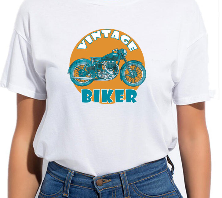 Women's Graphic Printed Cotton Biowash T-Shirt - Unisex, Regular Fit, Round Neck, Half Sleeves - Vintage Biker Graphic