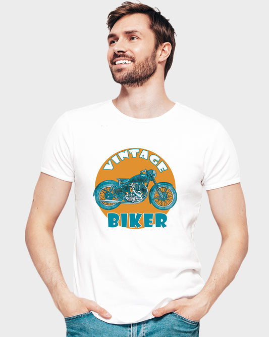 Men's Graphic Printed Premium Cotton Biowash Half Sleeves T-Shirt - Vintage Biker Graphic