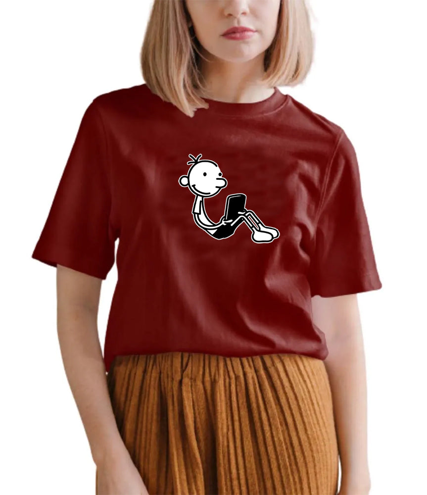 Women's Graphic Printed Cotton Biowash T-Shirt - Unisex, Regular Fit, Round Neck, Half Sleeves - Funny Wimpy Kid Graphic Tee