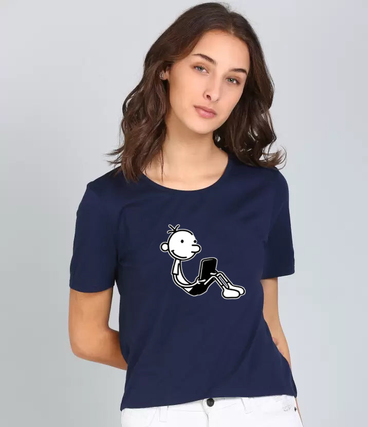 Women's Graphic Printed Cotton Biowash T-Shirt - Unisex, Regular Fit, Round Neck, Half Sleeves - Funny Wimpy Kid Graphic Tee